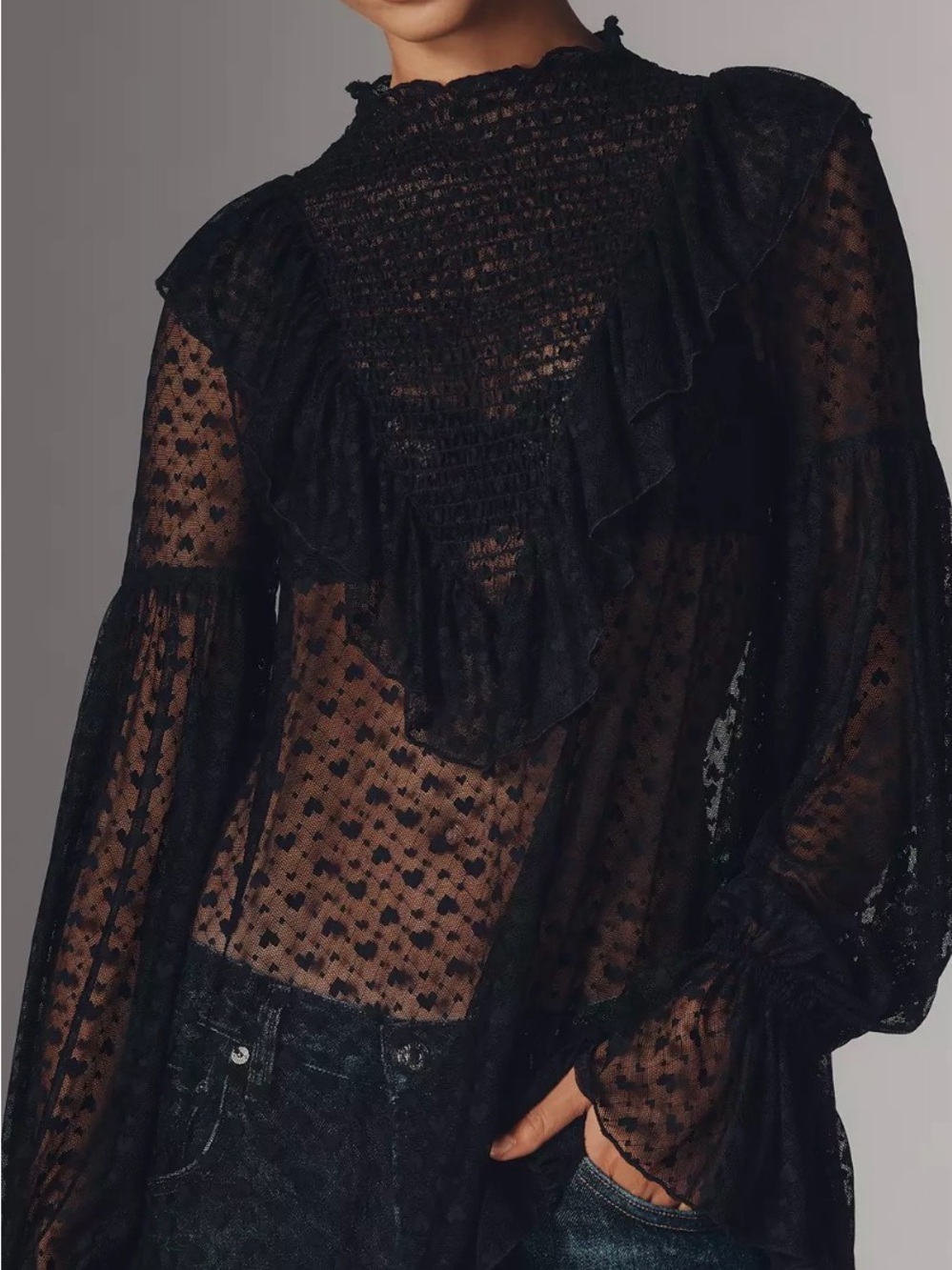 NWT Maeve Sheer Black Ruffle Lace High-Neck Blouse